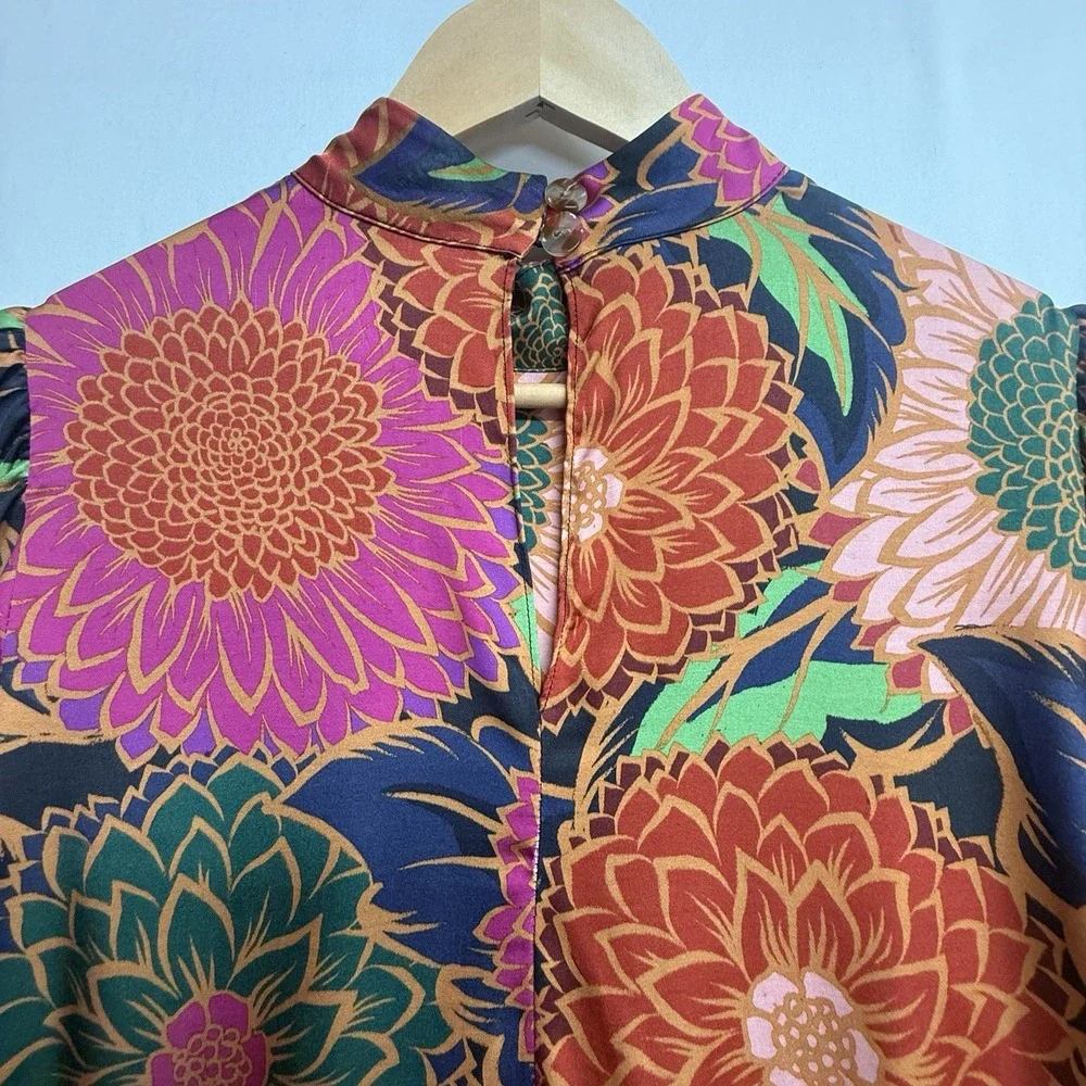 Farm Rio Floral Blouse XS Brazilian Designer Mock Neck Puff Sleeve Boho Statemen